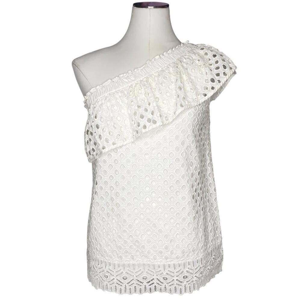 Tory Burch White Zoe Eyelet One Shoulder Top size 6